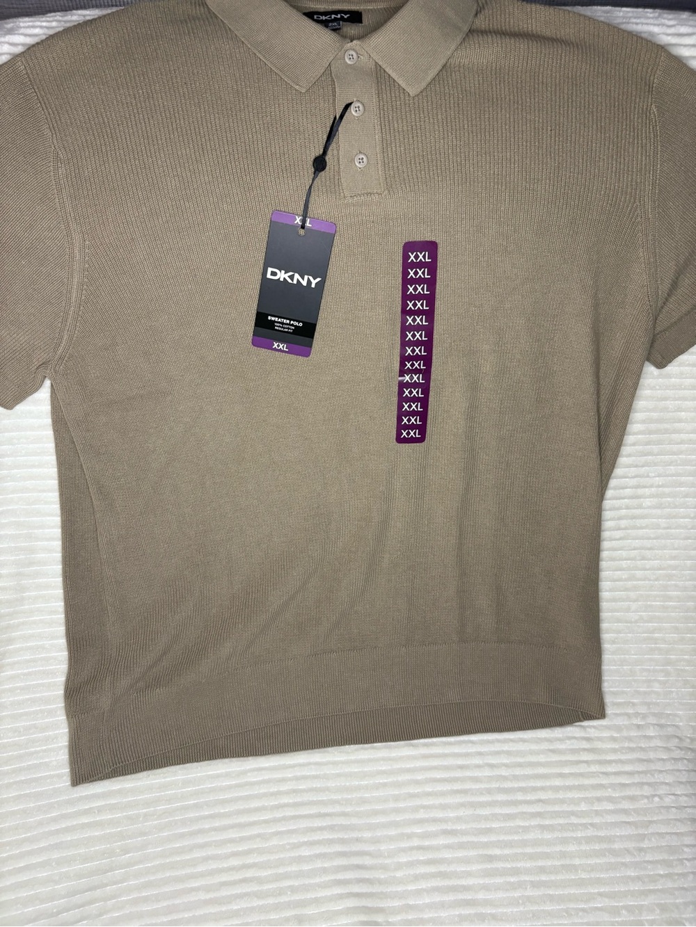 DKNY Sweater Polo Mens 2XL NWT Taupe Khaki Brown Ribbed Knit Short Sleeve Shirt